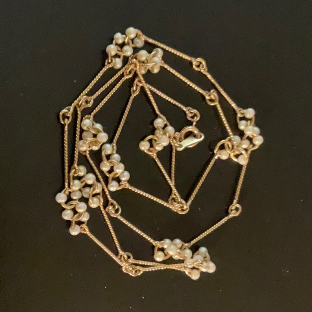 Avon Tiny Faux Pearl Bar Necklace 24" Chain Link Gold Tone Classic Vintage